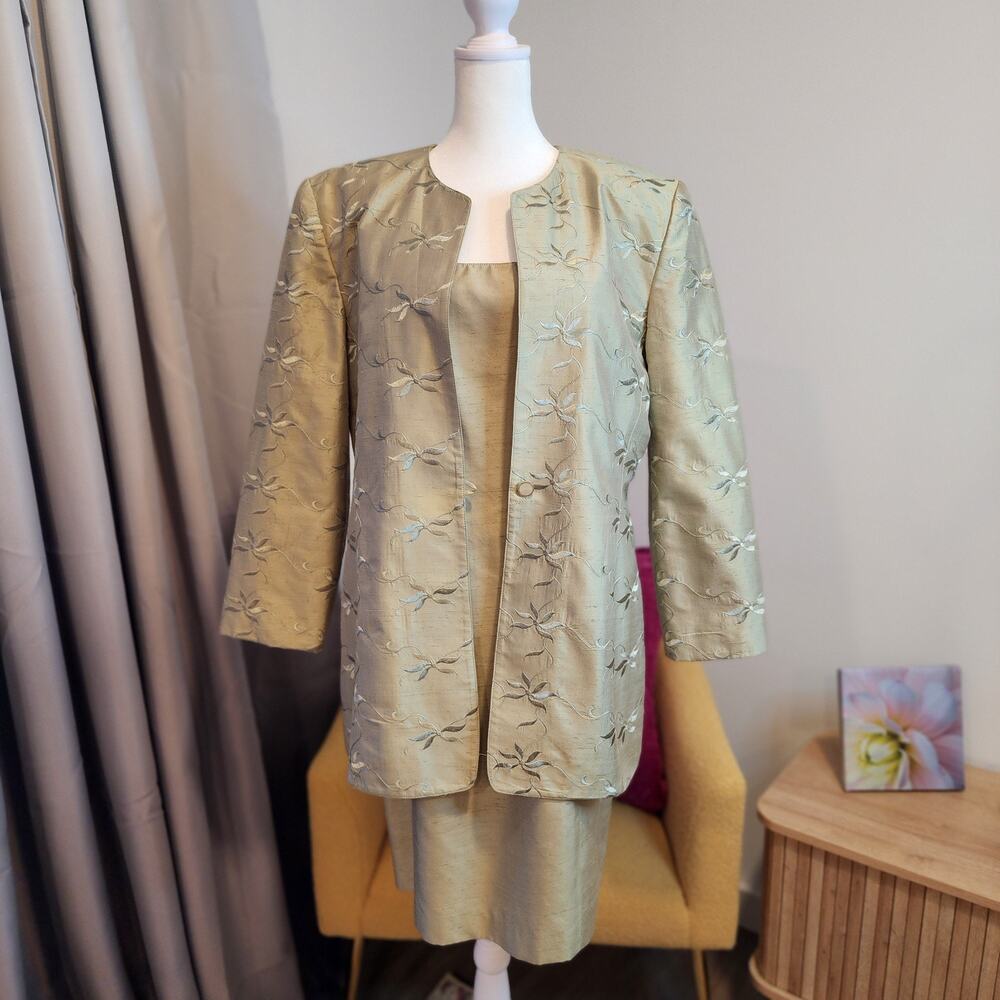 CHETTA B Vintage Women's 14 Shantung Silk Sheath Dress and Jacket Celadon Gold